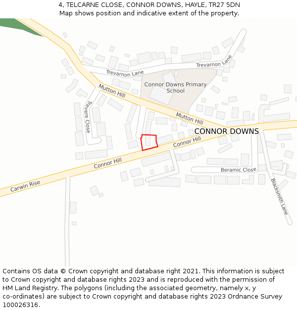 4, TELCARNE CLOSE, CONNOR DOWNS, HAYLE, TR27 5DN: Location map and indicative extent of plot