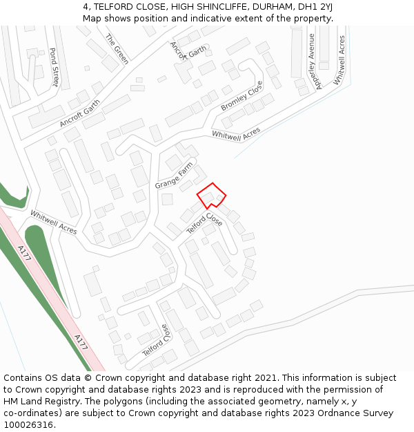 4, TELFORD CLOSE, HIGH SHINCLIFFE, DURHAM, DH1 2YJ: Location map and indicative extent of plot