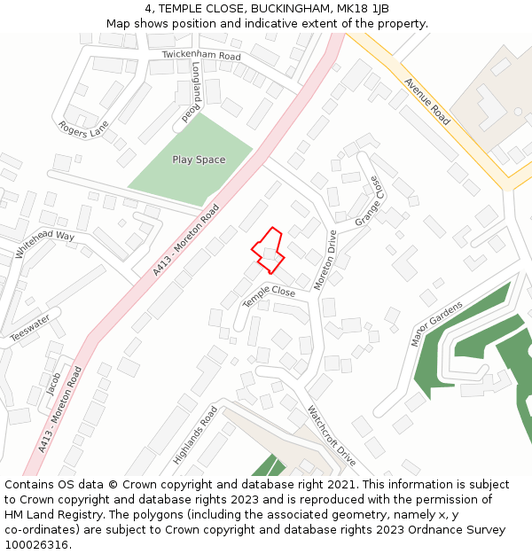 4, TEMPLE CLOSE, BUCKINGHAM, MK18 1JB: Location map and indicative extent of plot