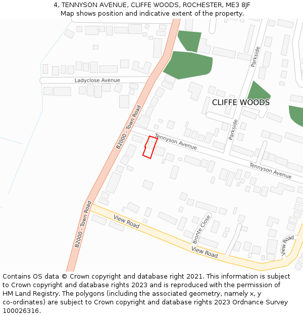 4, TENNYSON AVENUE, CLIFFE WOODS, ROCHESTER, ME3 8JF: Location map and indicative extent of plot