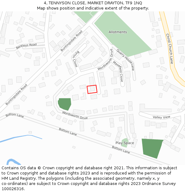 4, TENNYSON CLOSE, MARKET DRAYTON, TF9 1NQ: Location map and indicative extent of plot