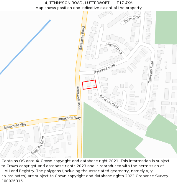 4, TENNYSON ROAD, LUTTERWORTH, LE17 4XA: Location map and indicative extent of plot
