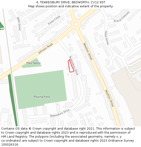 4, TEWKESBURY DRIVE, BEDWORTH, CV12 9ST: Location map and indicative extent of plot