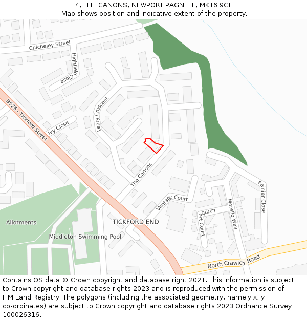 4, THE CANONS, NEWPORT PAGNELL, MK16 9GE: Location map and indicative extent of plot