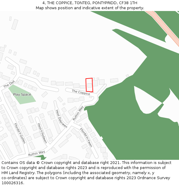 4, THE COPPICE, TONTEG, PONTYPRIDD, CF38 1TH: Location map and indicative extent of plot