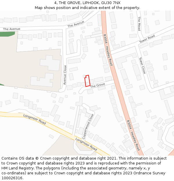 4, THE GROVE, LIPHOOK, GU30 7NX: Location map and indicative extent of plot