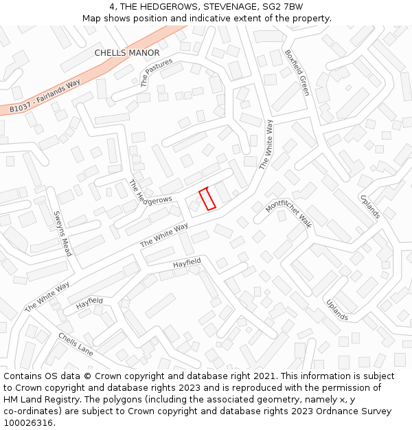 4, THE HEDGEROWS, STEVENAGE, SG2 7BW: Location map and indicative extent of plot