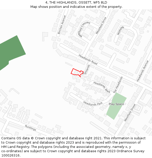 4, THE HIGHLANDS, OSSETT, WF5 8LD: Location map and indicative extent of plot