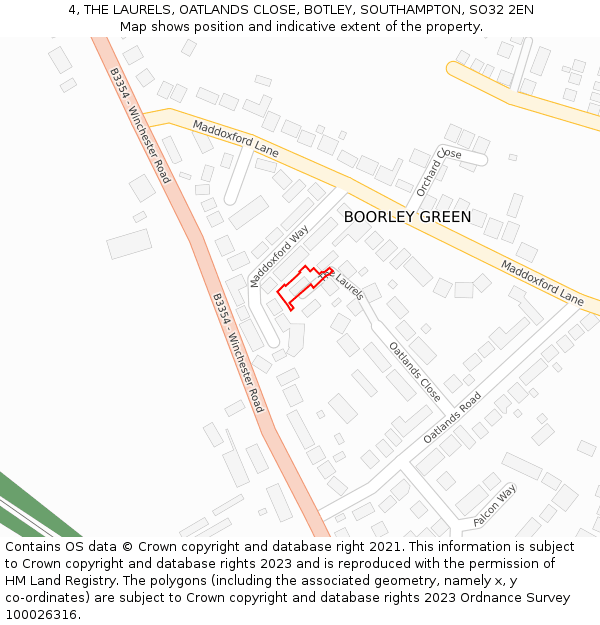 4, THE LAURELS, OATLANDS CLOSE, BOTLEY, SOUTHAMPTON, SO32 2EN: Location map and indicative extent of plot