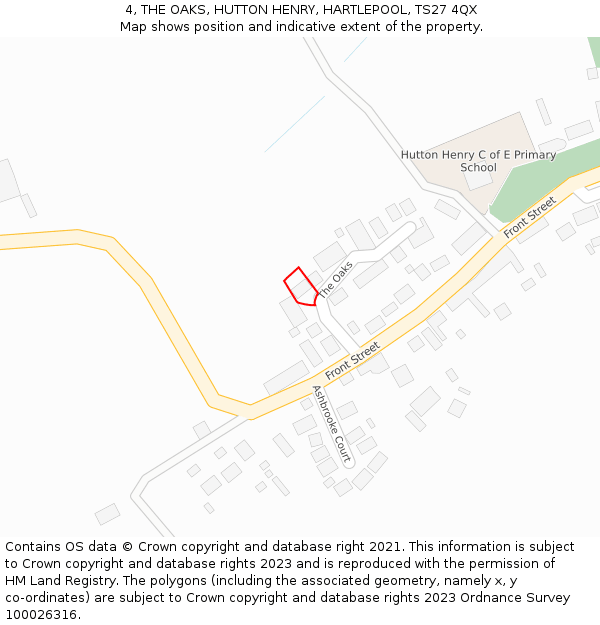 4, THE OAKS, HUTTON HENRY, HARTLEPOOL, TS27 4QX: Location map and indicative extent of plot