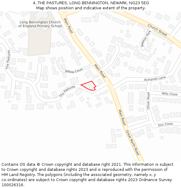 4, THE PASTURES, LONG BENNINGTON, NEWARK, NG23 5EG: Location map and indicative extent of plot