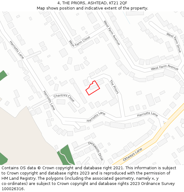 4, THE PRIORS, ASHTEAD, KT21 2QF: Location map and indicative extent of plot