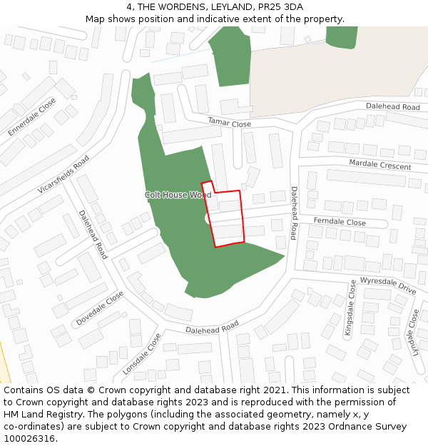 4, THE WORDENS, LEYLAND, PR25 3DA: Location map and indicative extent of plot