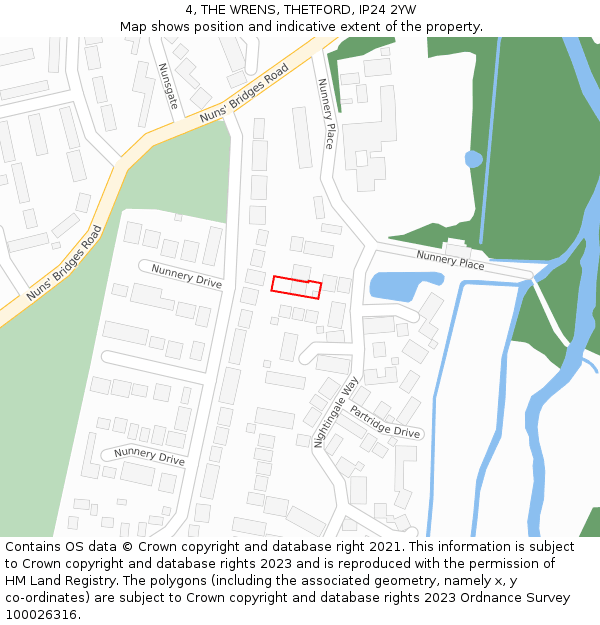 4, THE WRENS, THETFORD, IP24 2YW: Location map and indicative extent of plot