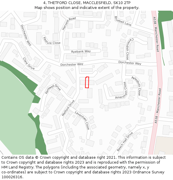 4, THETFORD CLOSE, MACCLESFIELD, SK10 2TP: Location map and indicative extent of plot