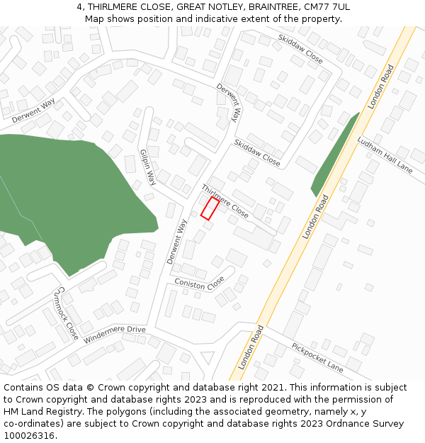 4, THIRLMERE CLOSE, GREAT NOTLEY, BRAINTREE, CM77 7UL: Location map and indicative extent of plot