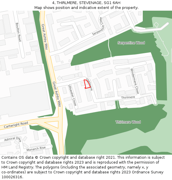 4, THIRLMERE, STEVENAGE, SG1 6AH: Location map and indicative extent of plot