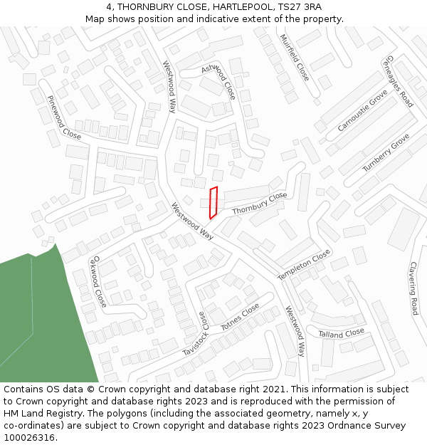 4, THORNBURY CLOSE, HARTLEPOOL, TS27 3RA: Location map and indicative extent of plot