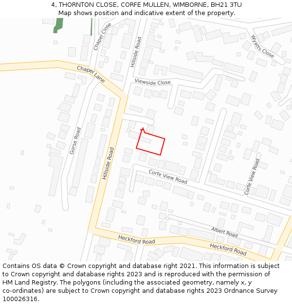 4, THORNTON CLOSE, CORFE MULLEN, WIMBORNE, BH21 3TU: Location map and indicative extent of plot