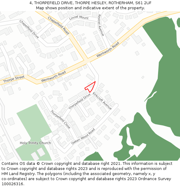 4, THORPEFIELD DRIVE, THORPE HESLEY, ROTHERHAM, S61 2UF: Location map and indicative extent of plot