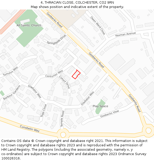 4, THRACIAN CLOSE, COLCHESTER, CO2 9RN: Location map and indicative extent of plot