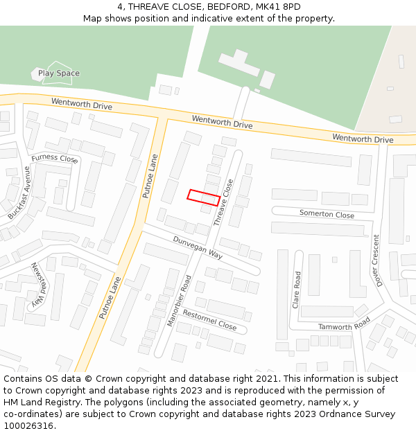 4, THREAVE CLOSE, BEDFORD, MK41 8PD: Location map and indicative extent of plot