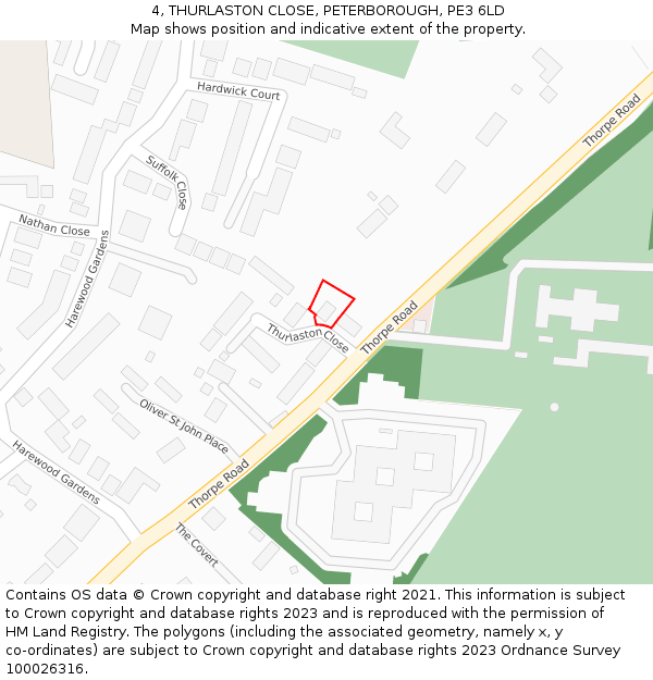 4, THURLASTON CLOSE, PETERBOROUGH, PE3 6LD: Location map and indicative extent of plot