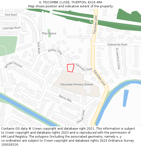 4, TIDCOMBE CLOSE, TIVERTON, EX16 4RA: Location map and indicative extent of plot