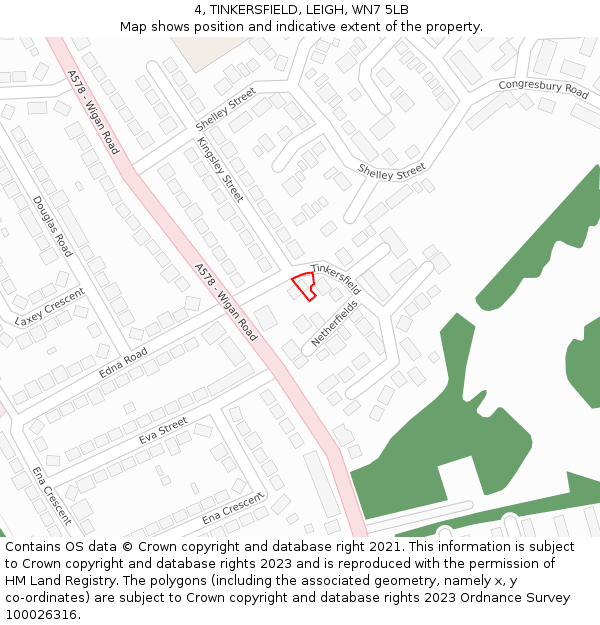 4, TINKERSFIELD, LEIGH, WN7 5LB: Location map and indicative extent of plot