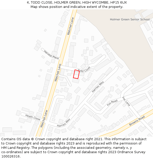 4, TODD CLOSE, HOLMER GREEN, HIGH WYCOMBE, HP15 6UX: Location map and indicative extent of plot