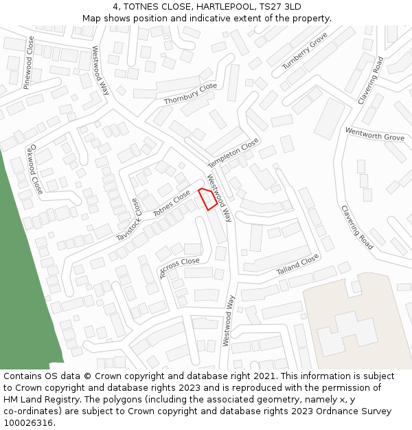 4, TOTNES CLOSE, HARTLEPOOL, TS27 3LD: Location map and indicative extent of plot