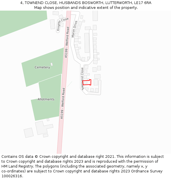 4, TOWNEND CLOSE, HUSBANDS BOSWORTH, LUTTERWORTH, LE17 6RA: Location map and indicative extent of plot