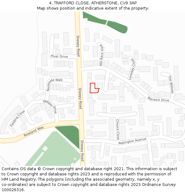 4, TRAFFORD CLOSE, ATHERSTONE, CV9 3AP: Location map and indicative extent of plot