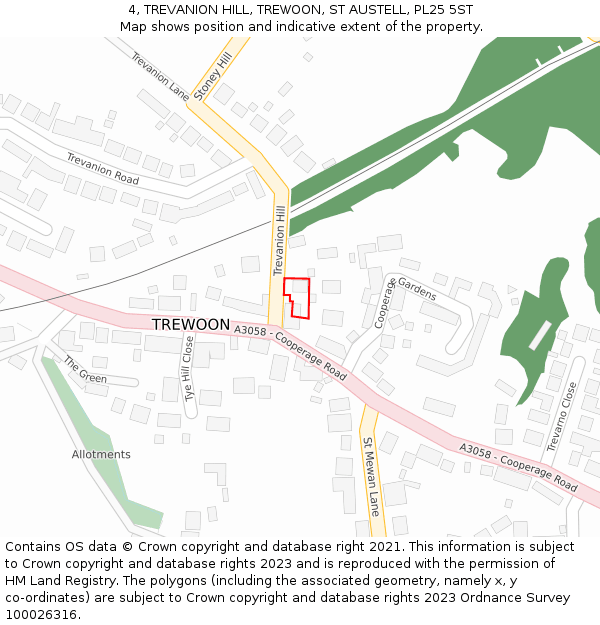 4, TREVANION HILL, TREWOON, ST AUSTELL, PL25 5ST: Location map and indicative extent of plot