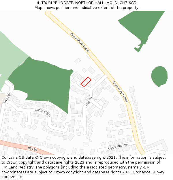 4, TRUM YR HYDREF, NORTHOP HALL, MOLD, CH7 6GD: Location map and indicative extent of plot