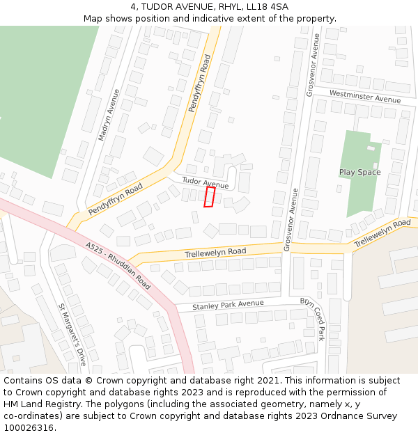 4, TUDOR AVENUE, RHYL, LL18 4SA: Location map and indicative extent of plot