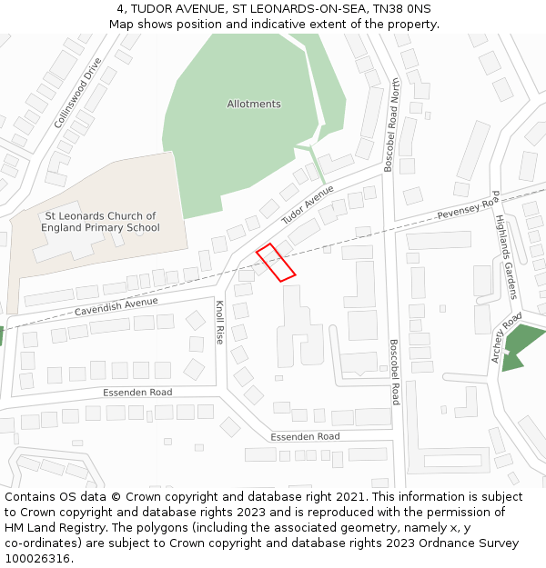 4, TUDOR AVENUE, ST LEONARDS-ON-SEA, TN38 0NS: Location map and indicative extent of plot