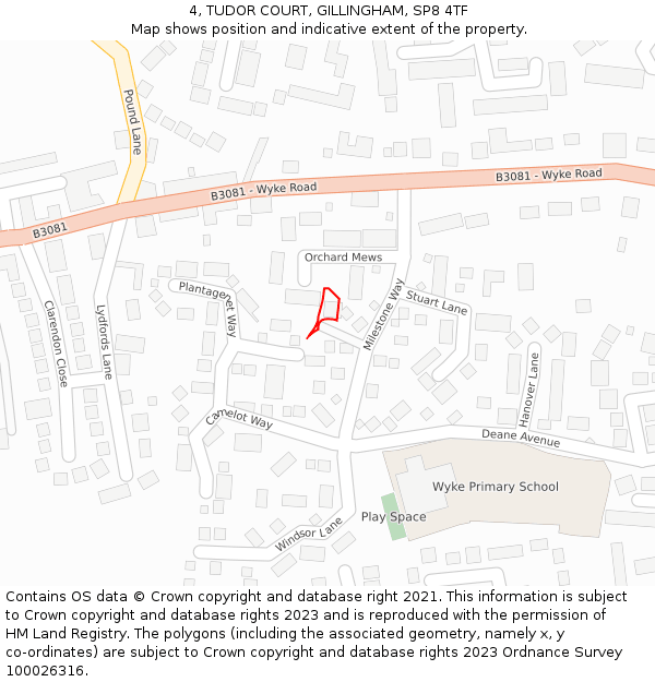 4, TUDOR COURT, GILLINGHAM, SP8 4TF: Location map and indicative extent of plot