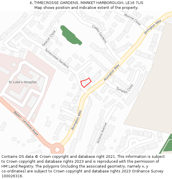 4, TYMECROSSE GARDENS, MARKET HARBOROUGH, LE16 7US: Location map and indicative extent of plot