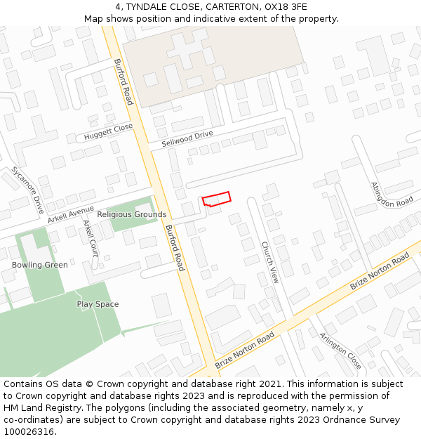 4, TYNDALE CLOSE, CARTERTON, OX18 3FE: Location map and indicative extent of plot