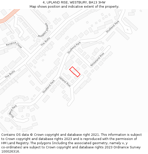 4, UPLAND RISE, WESTBURY, BA13 3HW: Location map and indicative extent of plot