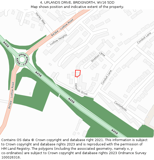 4, UPLANDS DRIVE, BRIDGNORTH, WV16 5DD: Location map and indicative extent of plot