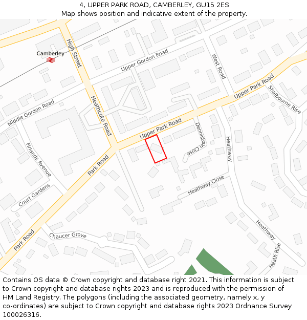 4, UPPER PARK ROAD, CAMBERLEY, GU15 2ES: Location map and indicative extent of plot