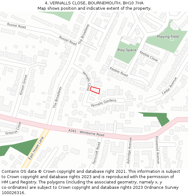 4, VERNALLS CLOSE, BOURNEMOUTH, BH10 7HA: Location map and indicative extent of plot