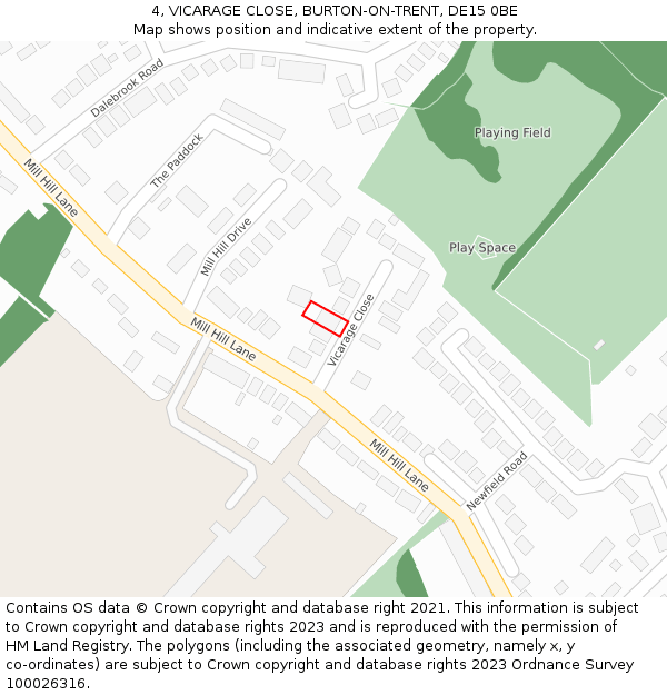 4, VICARAGE CLOSE, BURTON-ON-TRENT, DE15 0BE: Location map and indicative extent of plot