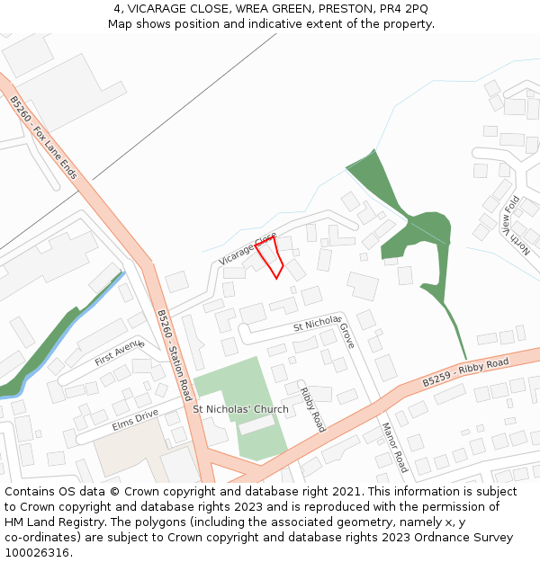 4, VICARAGE CLOSE, WREA GREEN, PRESTON, PR4 2PQ: Location map and indicative extent of plot