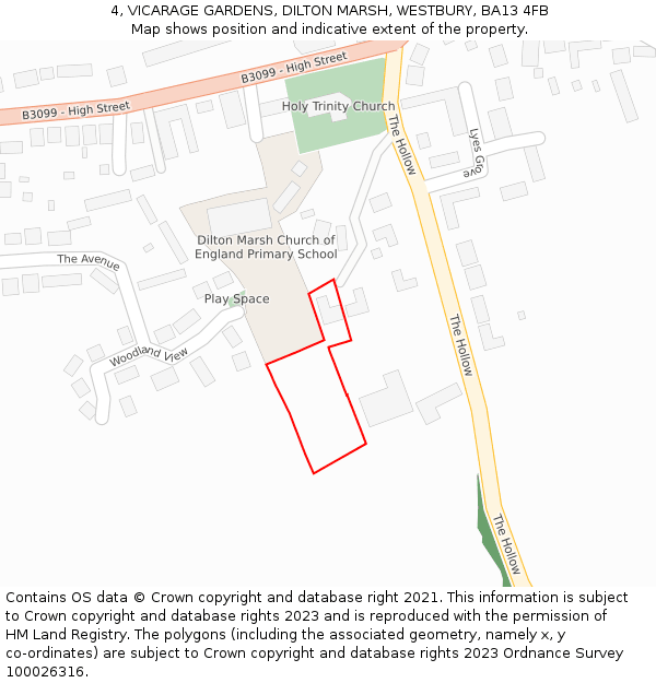 4, VICARAGE GARDENS, DILTON MARSH, WESTBURY, BA13 4FB: Location map and indicative extent of plot