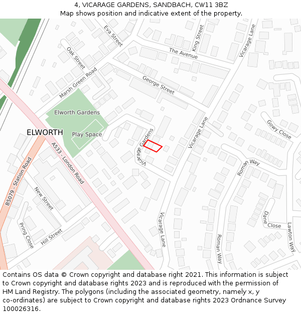 4, VICARAGE GARDENS, SANDBACH, CW11 3BZ: Location map and indicative extent of plot