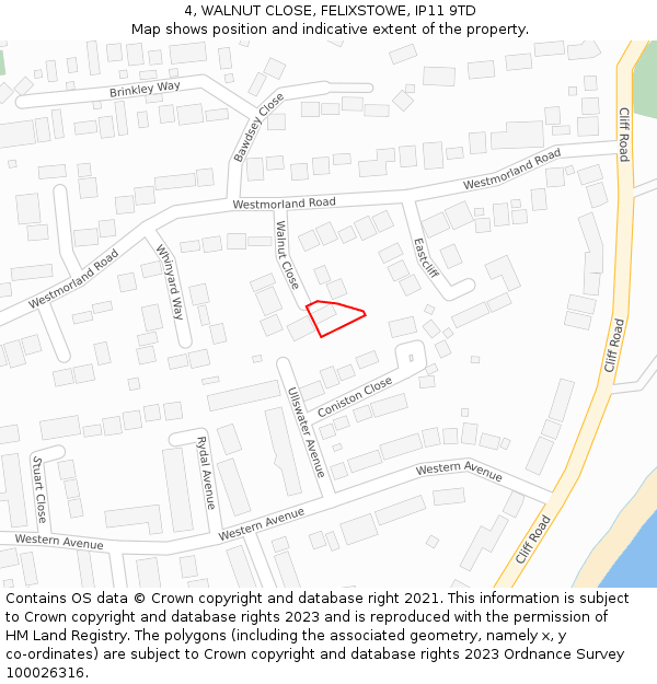 4, WALNUT CLOSE, FELIXSTOWE, IP11 9TD: Location map and indicative extent of plot