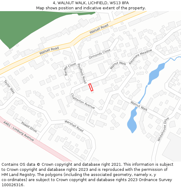 4, WALNUT WALK, LICHFIELD, WS13 8FA: Location map and indicative extent of plot